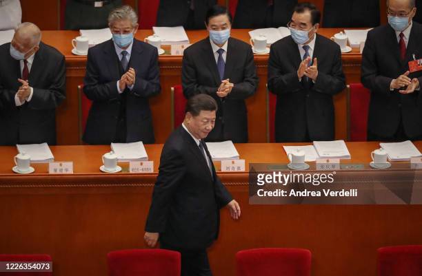 Chinese President Xi Jinping arrives at The Great Hall of the People for the opening of the National People's Congress on May 22, 2020 in Beijing,...
