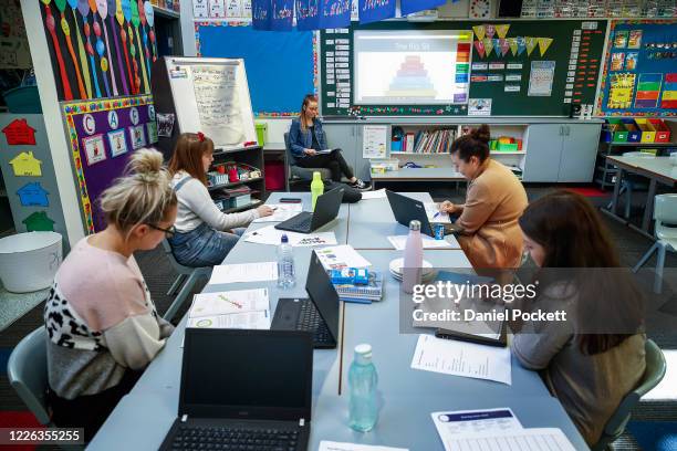 Amanda Horne leads a team meeting for prep teachers in preparation for opening next week at Lysterfield Primary School on May 22, 2020 in Melbourne,...