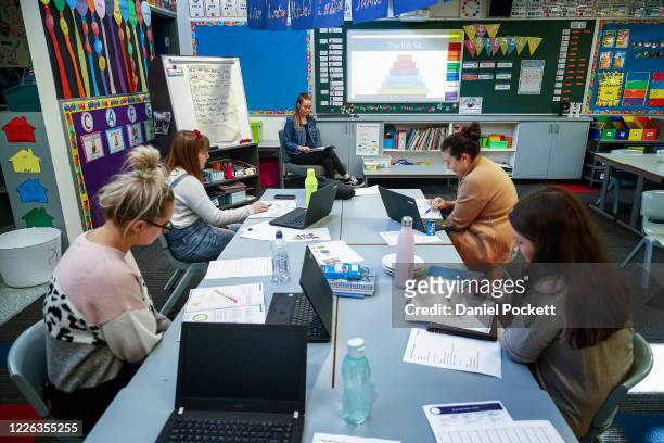 Amanda Horne leads a team meeting for prep teachers in preparation for opening next week at Lysterfield Primary School on May 22, 2020 in Melbourne,...