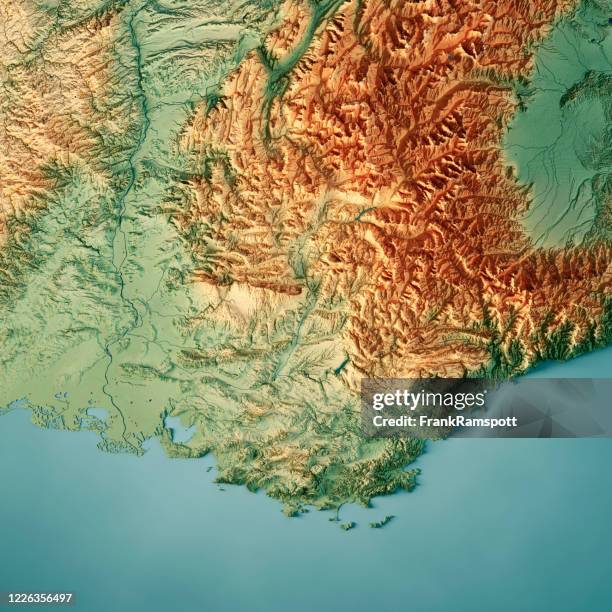 provenza alpes cote d'azur 3d render mapa topográfico color - alpes marítimos fotografías e imágenes de stock