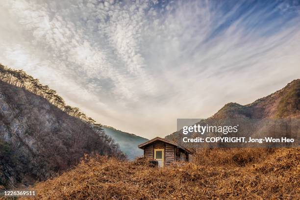 a small log cabin on the hill in the mountain range - pyeongchang stock pictures, royalty-free photos & images