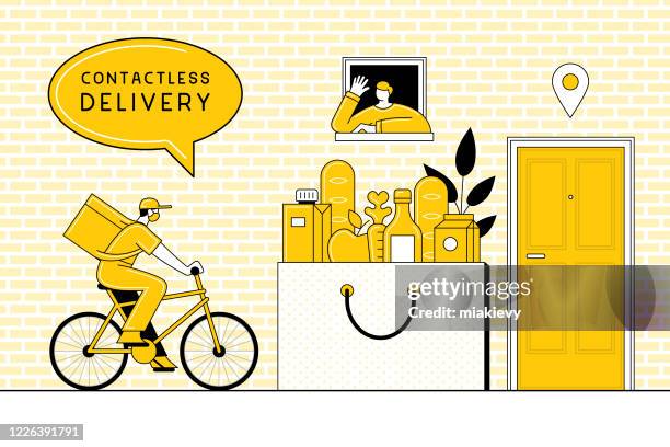 stockillustraties, clipart, cartoons en iconen met contactloze levering - fiets naar het werk