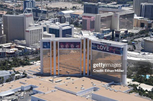 An aerial view shows the Las Vegas Strip including The Mirage Hotel & Casino, which has been closed since March 17 in response to the coronavirus...