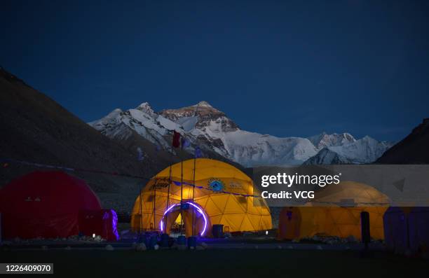 View of a Everest Base Camp at an altitude of 5,150 metres on Mount Qomolangma at night on May 19, 2020 in Shigatse, Tibet Autonomous Region of China.