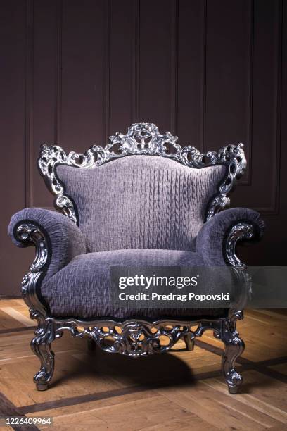 modern luxury armchair with silver lines and violet velvet textile in dark - trono imagens e fotografias de stock