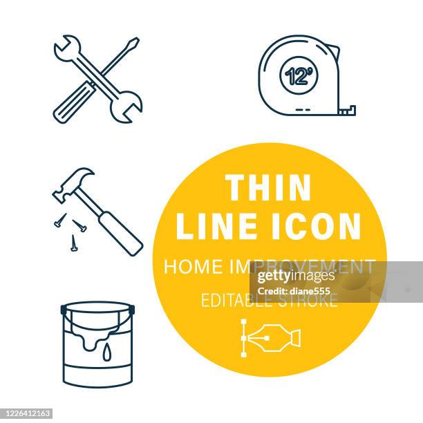 stockillustraties, clipart, cartoons en iconen met paint and hammer diy line icon set - doe het zelven