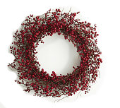 Circle Wreath Christmas Decoration RedBerry Wreath. Festive Faux Berry Wreath isolated.