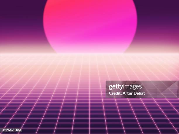 futuristic digital picture with bright neon net and big dusk sun in surreal dimension. - tienda de juegos de vídeo fotografías e imágenes de stock