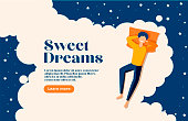 Sweet dreams, good health concept. Young man sleeps on side. Vector illustration of boy in bed, night sky, stars. Advert of mattress. Design template with pose of sleeping for flyer, layout