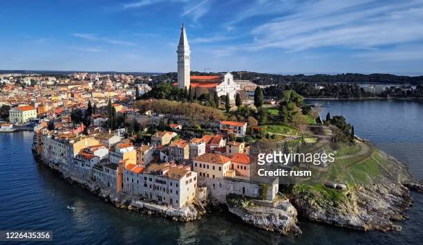 aerial view of old town rovinj,. istria, croatia. - rovinj stock pictures, royalty-free photos & images