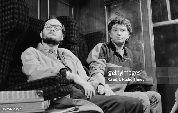 Comedian Kenny Everett and actor Martin Shaw filming a sketch for the BBC television series 'The Kenny Everett Television Show', February 17th 1983.