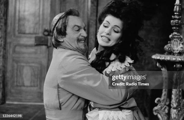 Actors Patrick Troughton and Cleo Rocos in a sketch for the BBC television series 'The Kenny Everett Television Show', January 30th 1985.