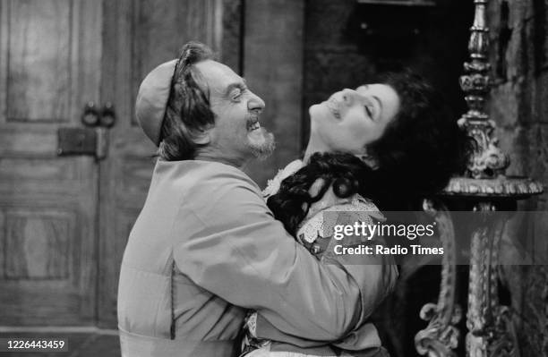 Actors Patrick Troughton and Cleo Rocos in a sketch for the BBC television series 'The Kenny Everett Television Show', January 30th 1985.