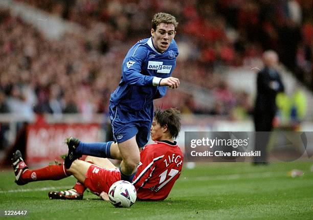 Richard Dunne of Everton beats Christian Ziege of Middlesbrough during the FA Carling Premiership match at the Riverside in Middlesbrough, England....