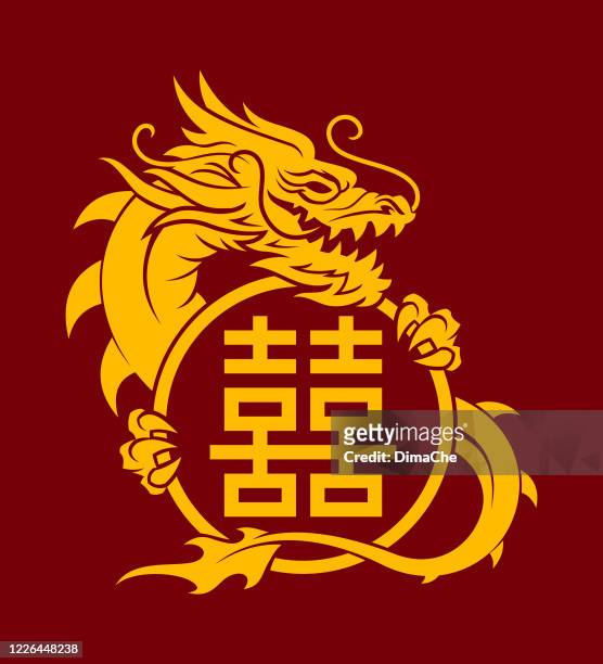 golden dragon with a double happiness sign - east asian culture stock illustrations