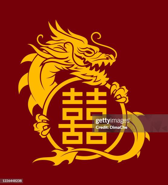 golden dragon with a double happiness sign - studded stock illustrations