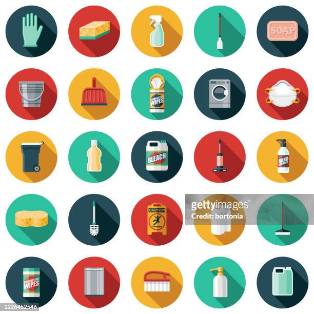 cleaning supplies icon set - hand sanitizer stock illustrations