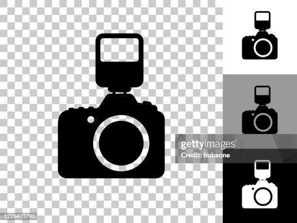 dslr camera and flash icon on checkerboard transparent background - dslr camera stock illustrations