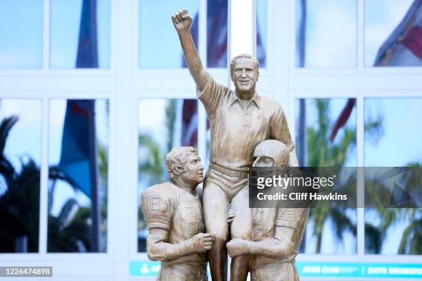 General view of the “A Perfect Moment in Time” statue featuring the likeness of Don Shula being hoisted by Nick Buoniconti and Al Jenkins in...