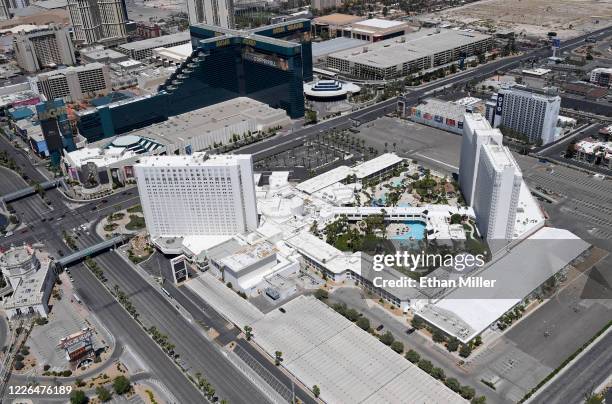 An aerial view shows MGM Grand Hotel & Casino and the Tropicana Las Vegas, both of which have been closed since March 17 in response to the...