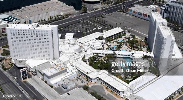 An aerial view shows the Tropicana Las Vegas, which has been closed since March 17 in response to the coronavirus pandemic on May 21, 2020 in Las...
