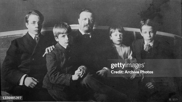 President Theodore Roosevelt with his sons at the White House in Washington, DC, 1904. From left to right, the boys are Theodore Jr, Archibald,...