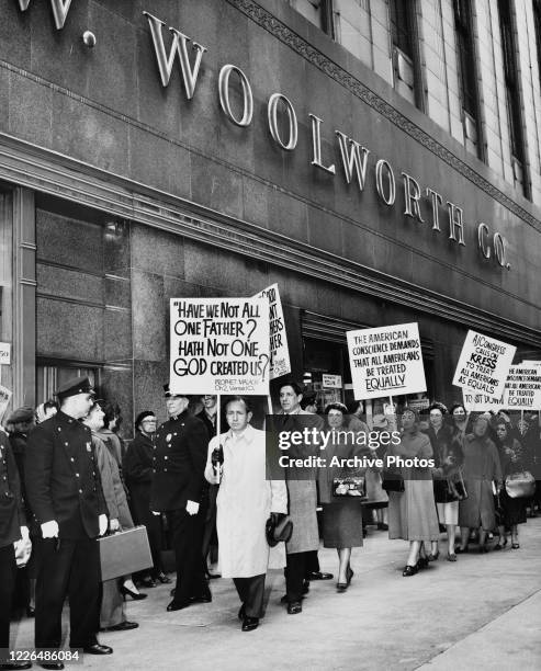 Dr Joachim Prinz , national President of the American Jewish Congress, leads a demonstration outside FW Woolworth Co on Fifth Avenue and 39th Street,...