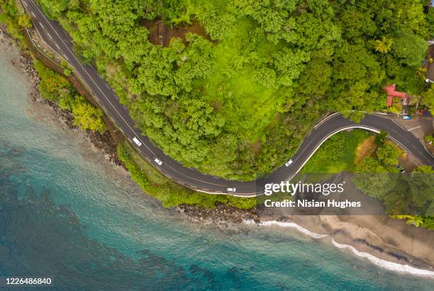 aerial flying over coast of martinique looking down at winding road - dom tom photos et images de collection