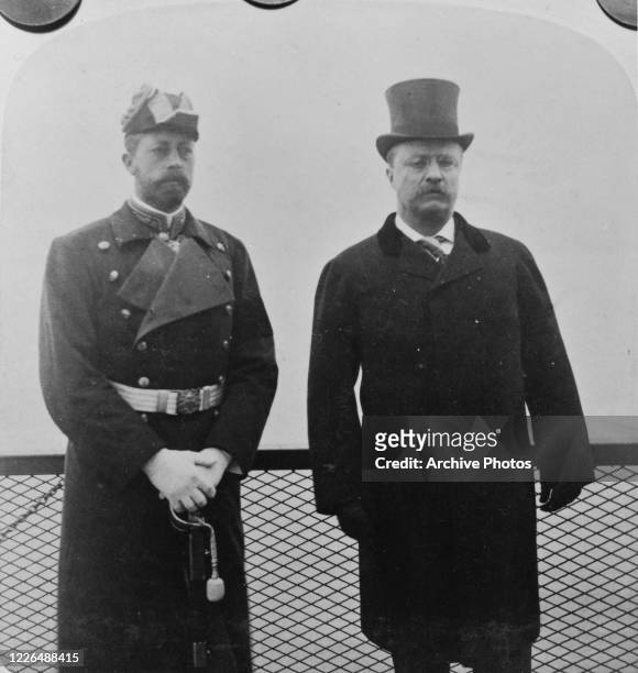 President Theodore Roosevelt with Prince Henry of Prussia at Shooters Island, off Staten Island in New York City, February 1902. They are attending...