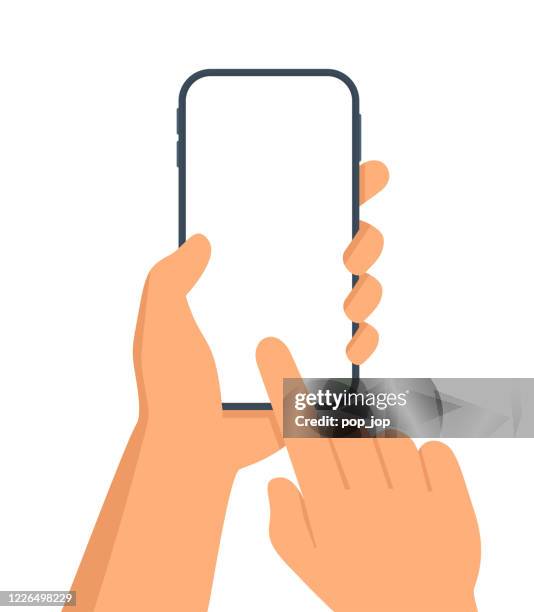 stockillustraties, clipart, cartoons en iconen met handen die smartphone houden. de illustratie van de vector van mobiele telefoon in handen. geïsoleerd op witte achtergrond. sjabloon - hand
