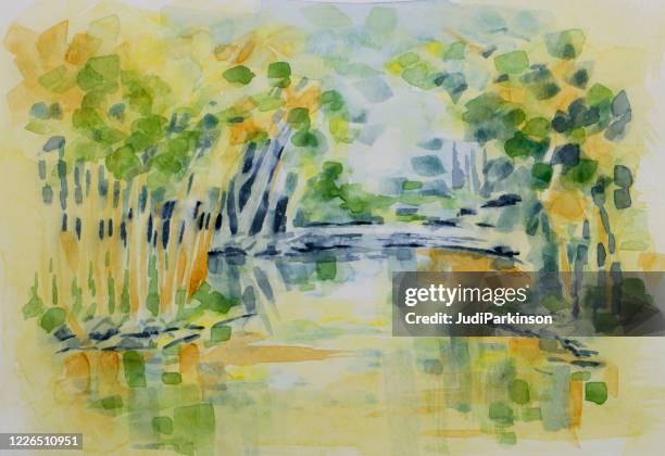 bamboo island and pond mt coot-tha botanical gardens watercolor painting - reflecting pool stock illustrations