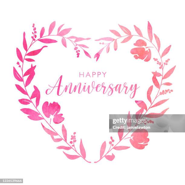 watercolour heart floral wreath anniversary card - coral coloured stock illustrations