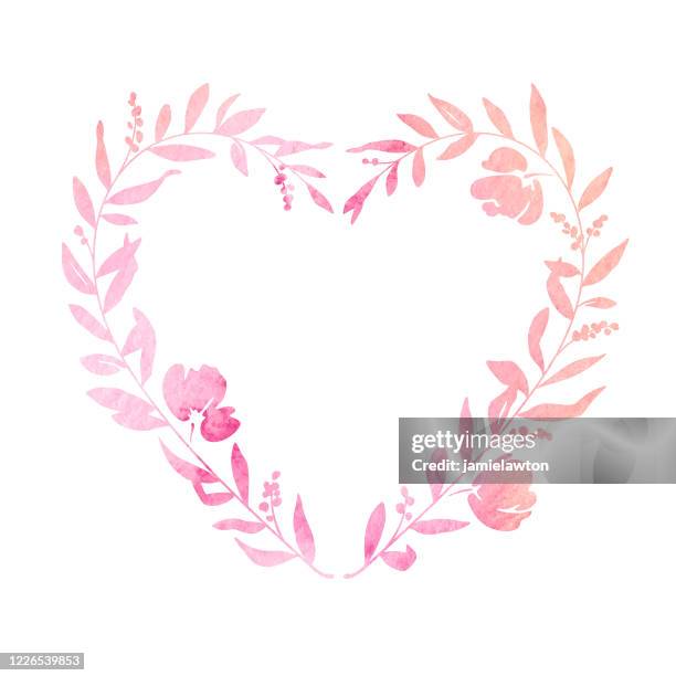 pastel watercolour heart shaped floral wreath - coral coloured stock illustrations