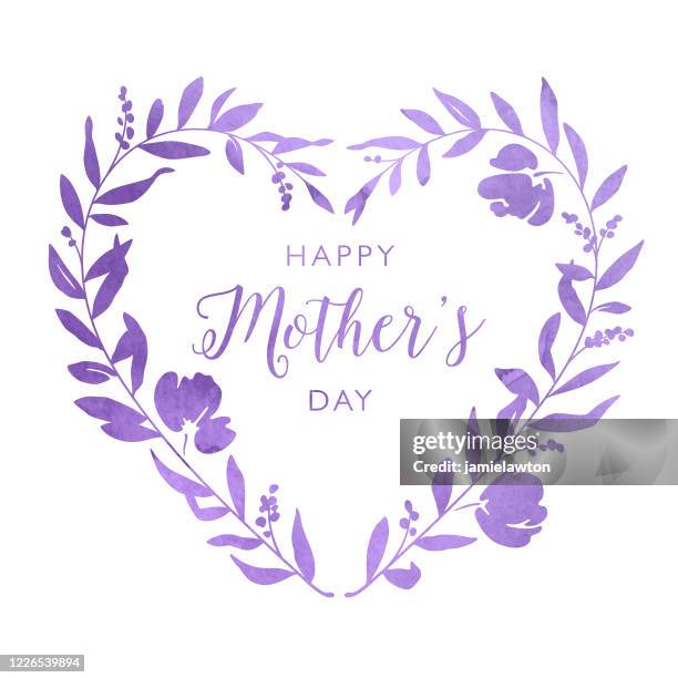 happy mother's day ornate watercolour heart floral wreath - violet flower stock illustrations