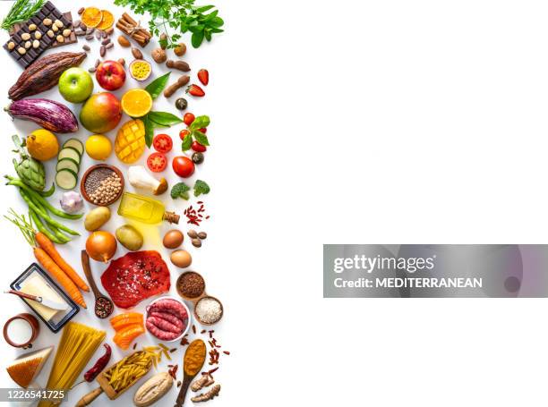 varied food carbohydrates protein vegetables fruits dairy legumes on white - frescura imagens e fotografias de stock