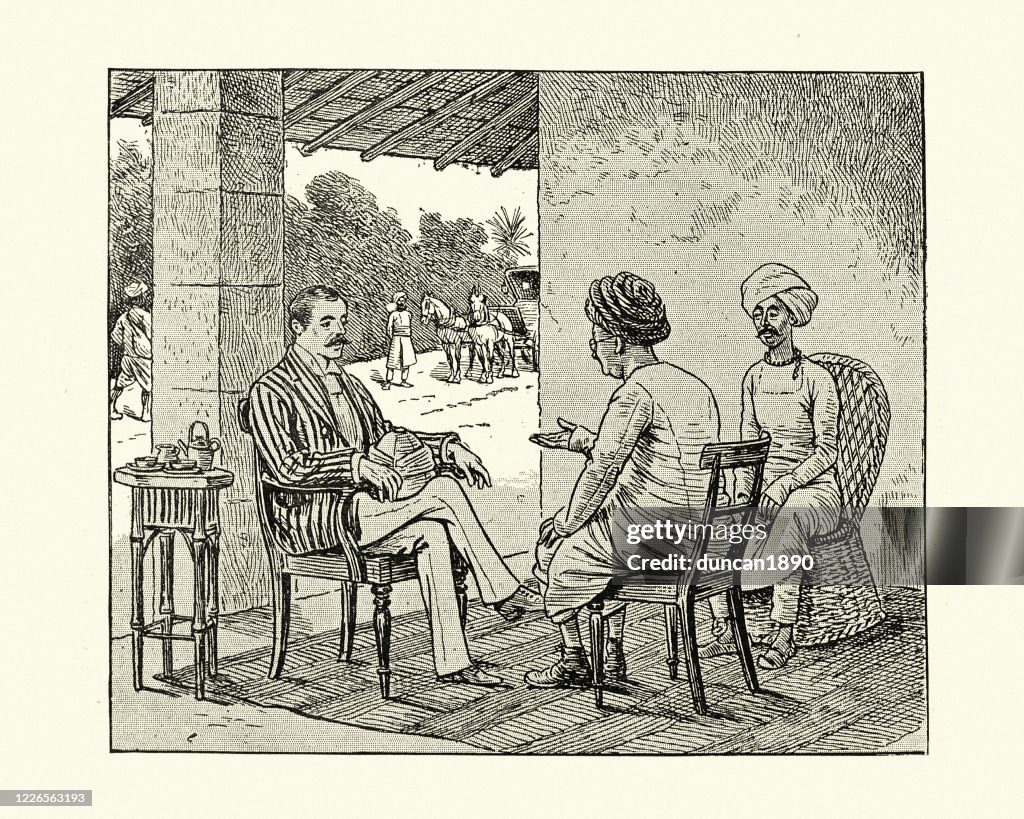 British man talking to Indians on a veranda, Victorian 19th Century