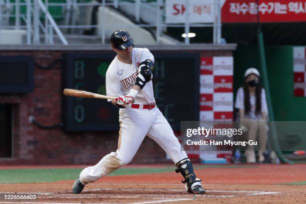 Infilder Romak Jamie of SK Wyverns hits in the bottom of the fifth inning during the KBO League game between KIA Tigers and SK Wyverns at the Incheon...