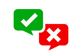 check mark sign in speech bubble square isolated on white, checkmark yes or no vote in speech box symbol, correct choice x or confirm and deny icon, cross or right for question, label talk ok and deny