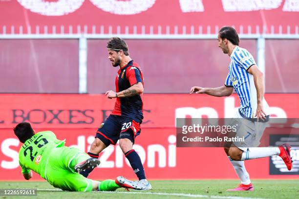 Karlo Letica of Spal saves on Lasse Schone of Genoa during the Serie A match between Genoa CFC and SPAL at Stadio Luigi Ferraris on July 12, 2020 in...