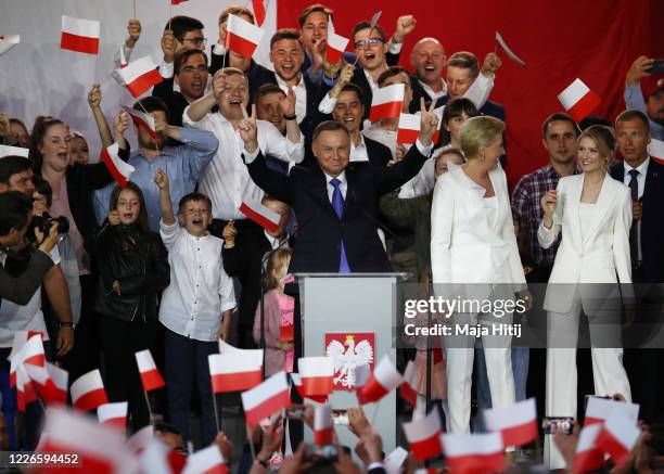 Polish President backed by the right-wing Law and Justice party , Andrzej Duda, his wife, Agata Kornhauser Duda and party members celebrate with...