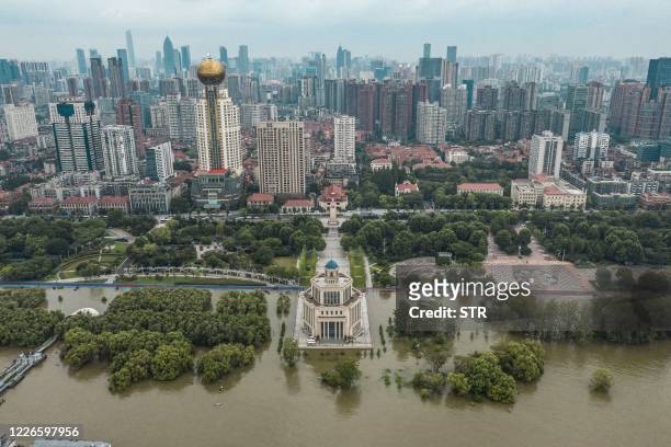 This aerial photo taken on July 12, 2020 shows a closed park due to the high water level of the Yangtze River in Wuhan in China's central Hubei...