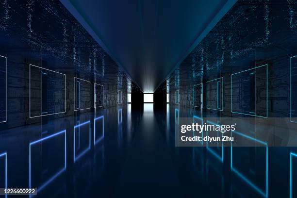 long corridor in modern building by 3d render - science museum stockfoto's en -beelden