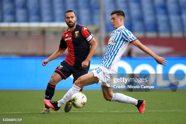 Davide Biraschi of Genoa CFC competes for the ball with Georgi Tunjov of SPAL during the Serie A football match between Genoa CFC and SPAL. Genoa CFC...