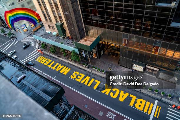 Black lives Matter mural that was painted on 5th Avenue is seen directly in front of Trump Tower on July 13, 2020 in New York City. In a tweet,...