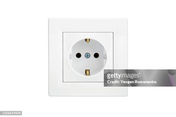 white power outlet isolated on white background - enchufe fotografías e imágenes de stock