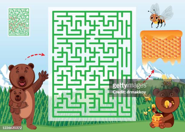 maze, bear and honey labyrinth - cubs game stock illustrations