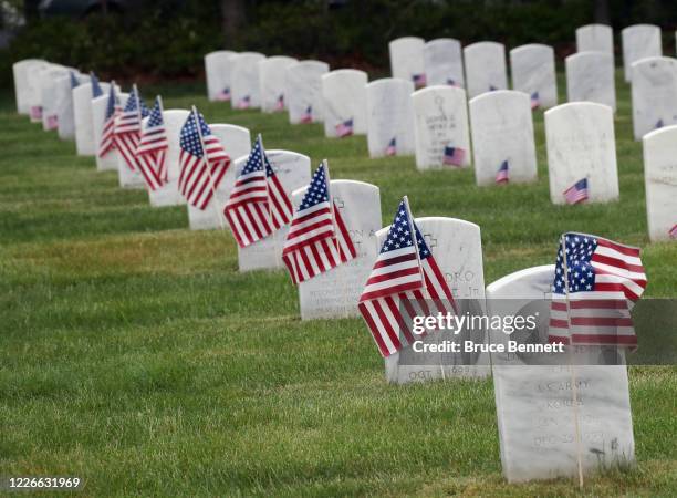 Gravesites are decorated with American flags at Calverton National Cemetery on May 23, 2020 in Wading River, New York. Health guidelines due to the...