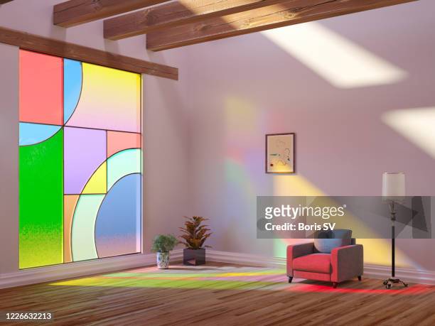 house with large stained glass window - hochglanz stock-fotos und bilder