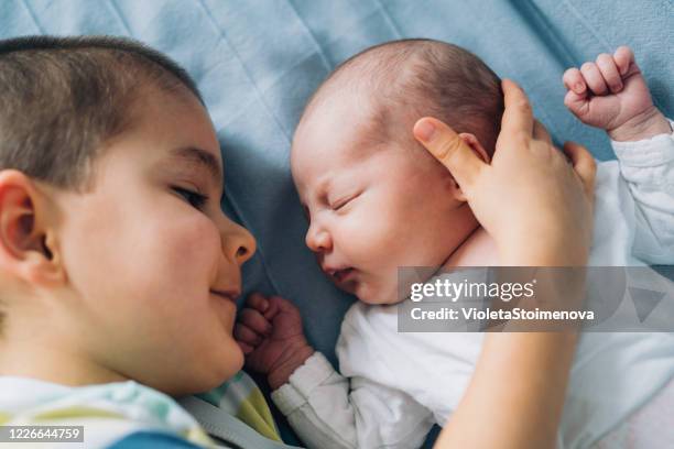 meeting his new baby sister. - kiss sisters stock pictures, royalty-free photos & images