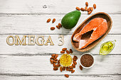 A set of foods high in omega-3 fatty acids on a white wooden background. Healthy eating concept. Salmon, avocado, flax seeds, fish oil capsules, oil, almonds. View from above.